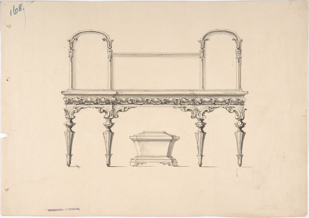 Design for a Sideboard with Mirrors and Shell Ornament, a Casket Below, Anonymous, British, 19th century, Pen and ink, brush and wash 