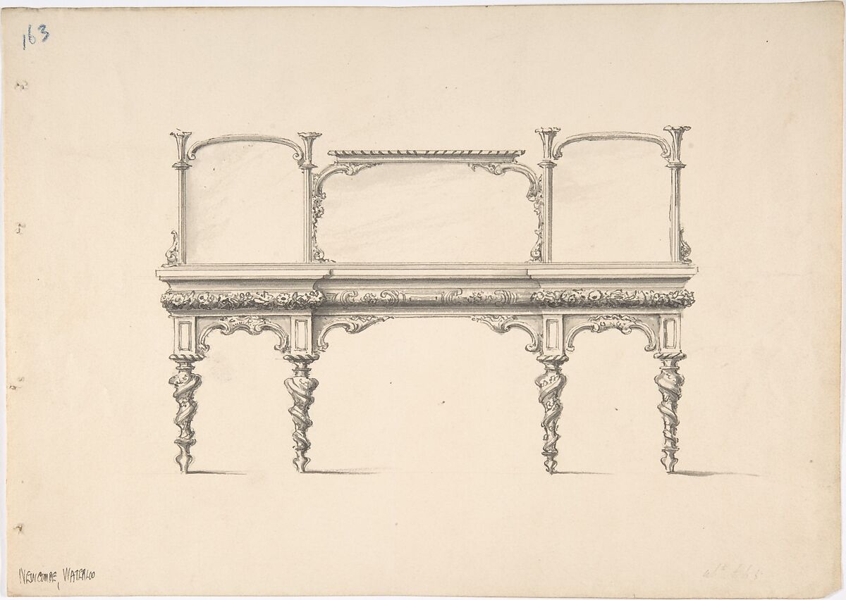 Design for a Sideboard with Mirrors and Turned Legs, Anonymous, British, 19th century, Pen and ink, brush and wash 