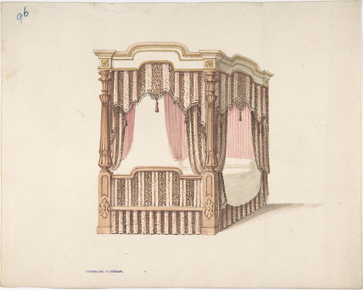 Design for a Four-poster Bed with Pink, Brown and White Draperies, Anonymous, British, 19th century, Pen and ink, brush and wash, watercolor 