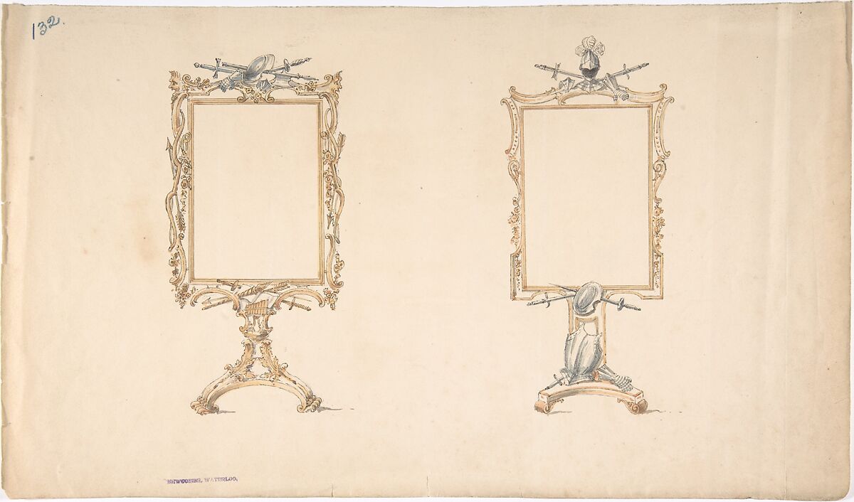 Designs for Two Mirror Frames Supported on Footed Pedestals with Armorial Ornament, Anonymous, British, 19th century, Pen and ink, brush and wash, watercolor