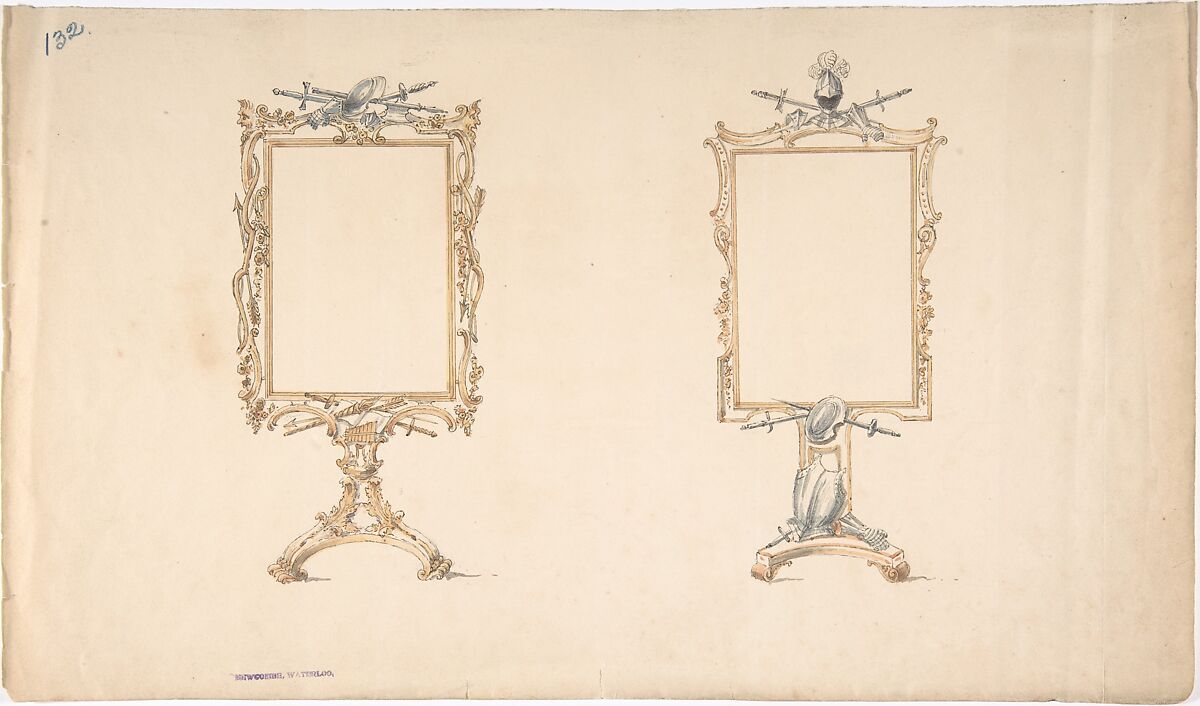Designs for Two Mirror Frames Supported on Footed Pedestals with Armorial Ornament, Anonymous, British, 19th century, Pen and ink, brush and wash, watercolor 
