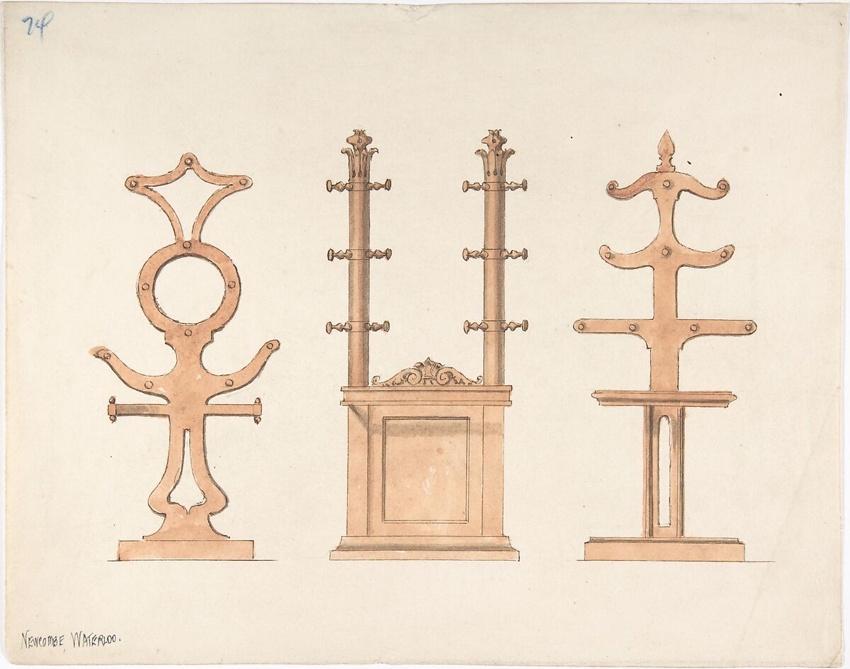 Design for Three Hat or Coat Racks, Anonymous, British, 19th century, Pen and ink, watercolor 