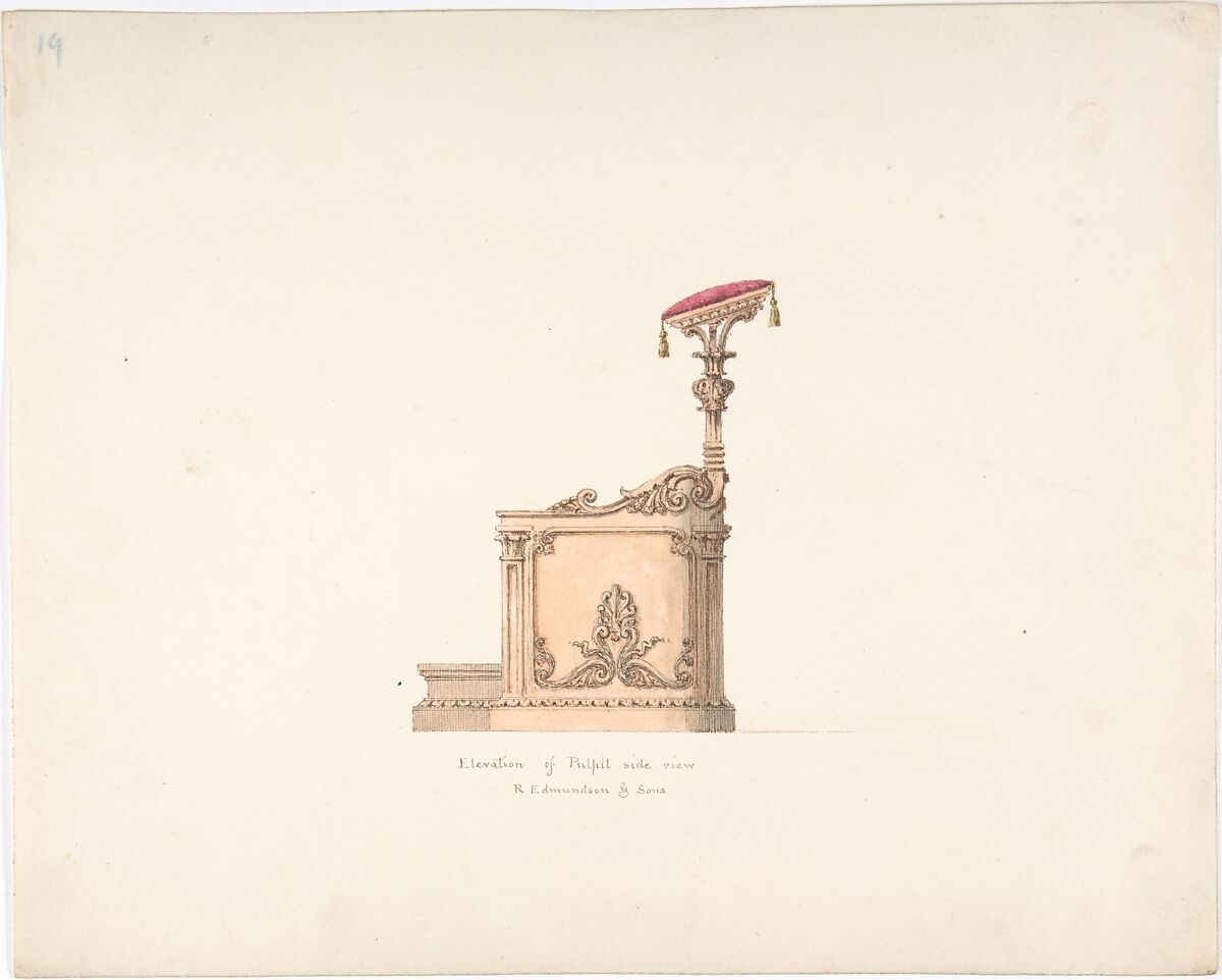Elevation of a Pulpit, Side View, R. Edmundson & Sons, Anonymous, British, 19th century, Pen and ink, watercolor 