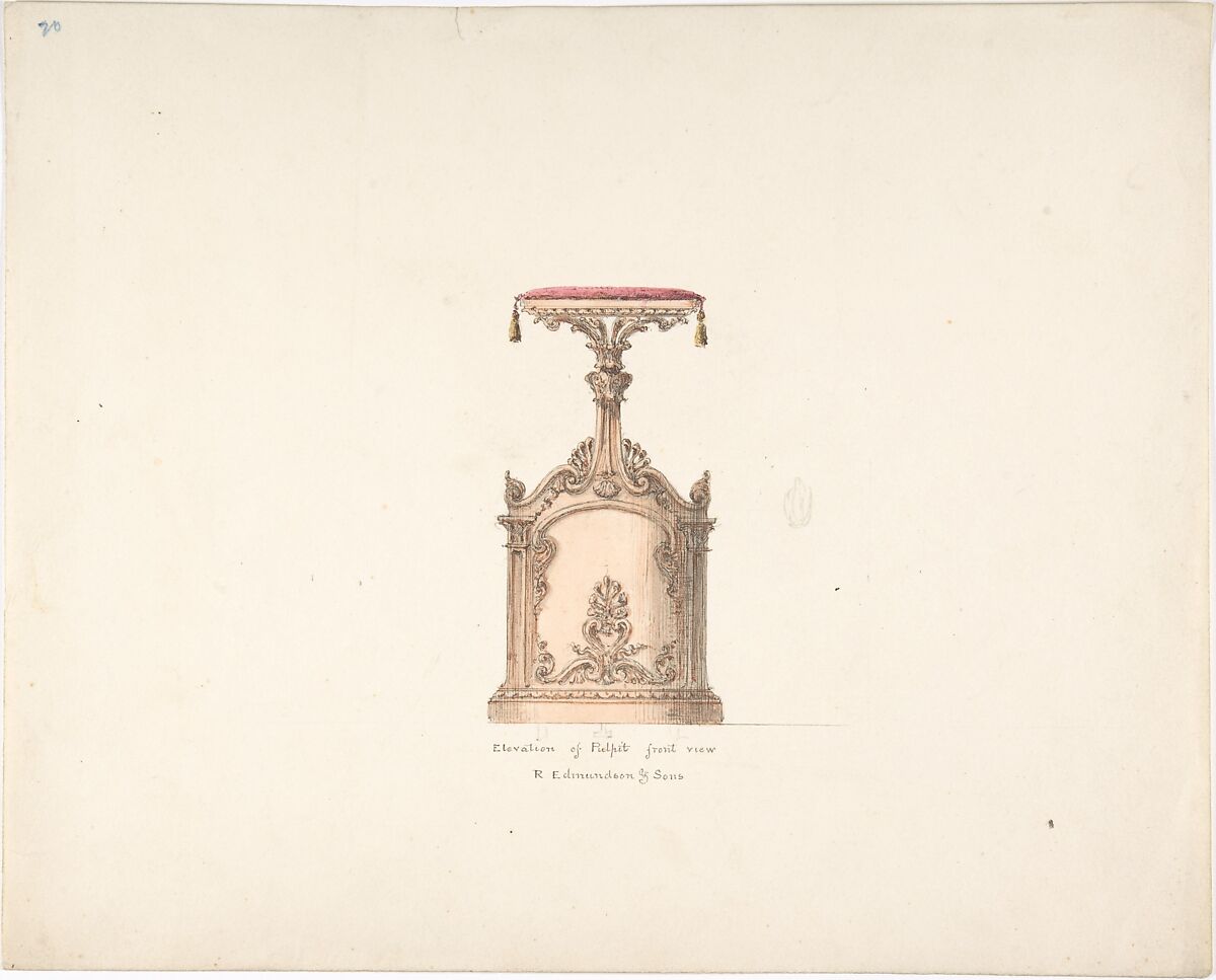 Elevation of a Pulpit, Front View, R. Edmundson & Sons, Anonymous, British, 19th century, Pen and ink, watercolor 