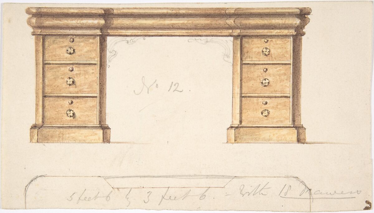 Design for a Desk with Two Sets of Drawers, Anonymous, British, 19th century, Pen and ink, watercolor 