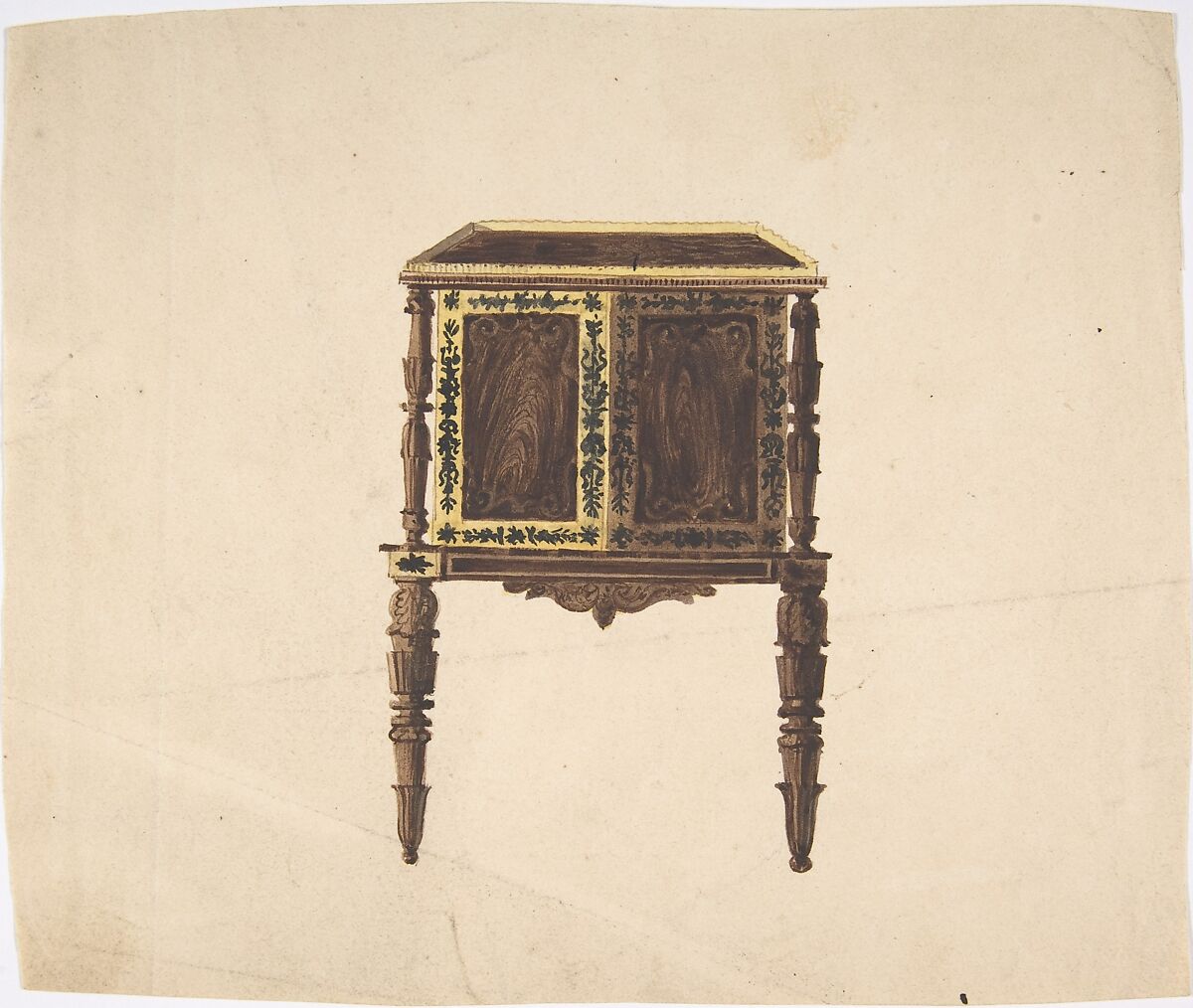 Design for a Small Cabinet with Elaborately Carved Legs, Anonymous, British, 19th century, Pen and ink, watercolor 