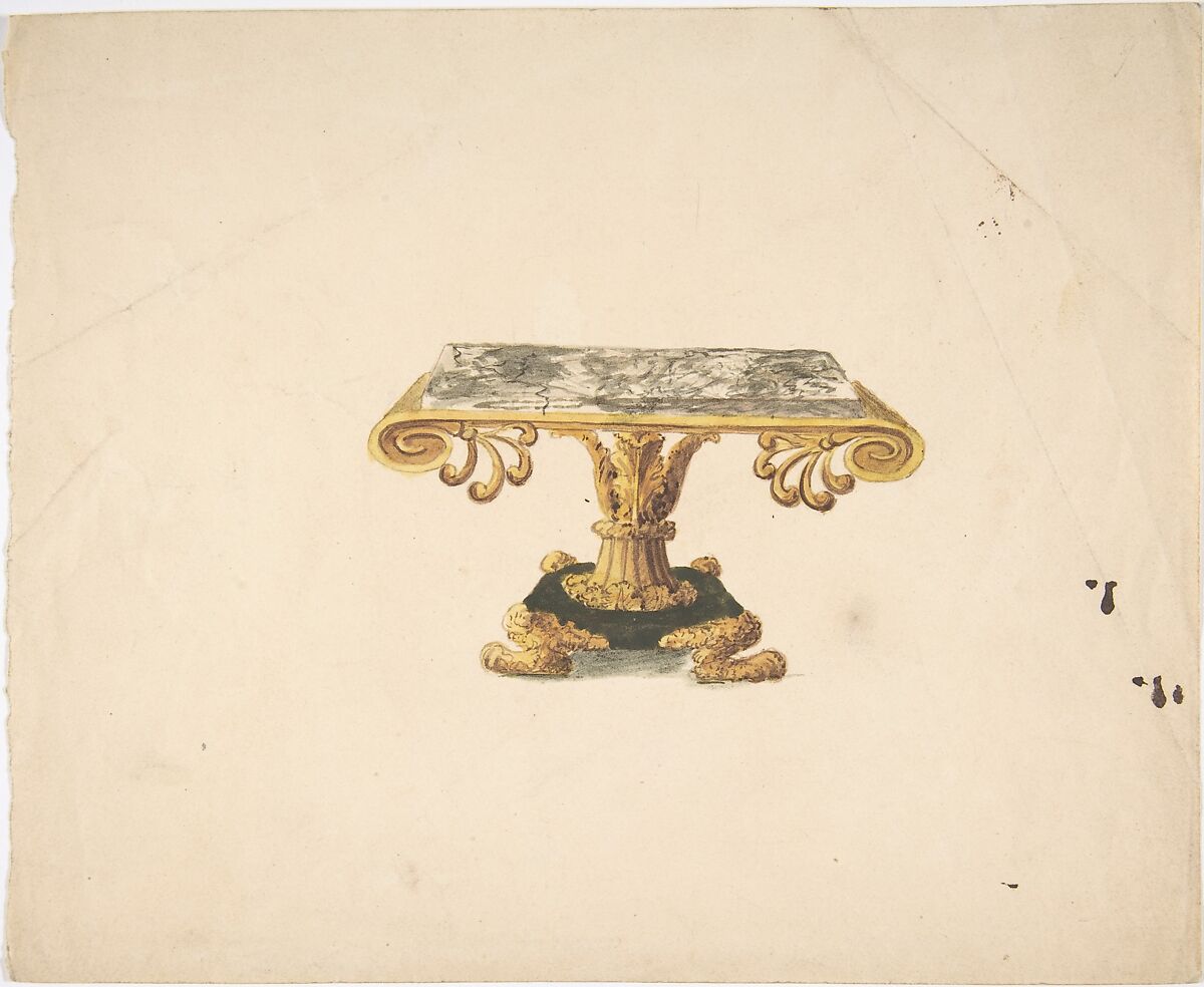Design for a Marble Topped Table with Gilded Pedestal and Lion's Feet, Anonymous, British, 19th century, Pen and ink, watercolor 