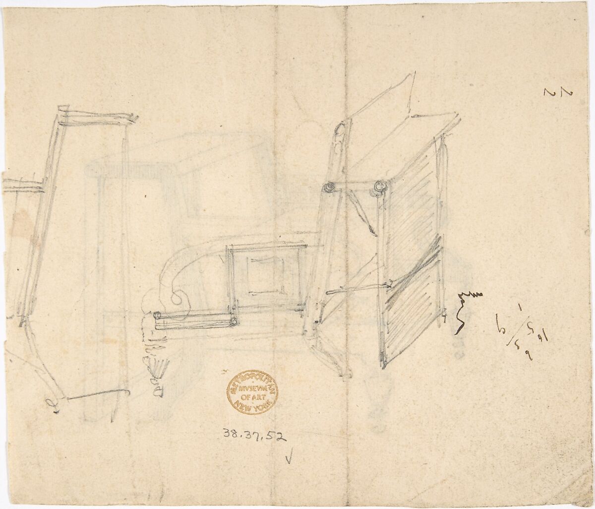 Design for a Small Stepstool with Front Casters (verso: sketch demonstrating folding mechanism), Anonymous, British, 19th century, Pen and ink