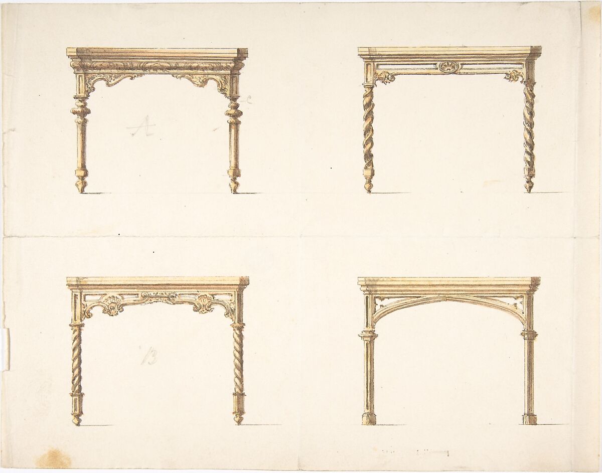 Design for Four Table Ends, Anonymous, British, 19th century, Pen and ink, watercolor 