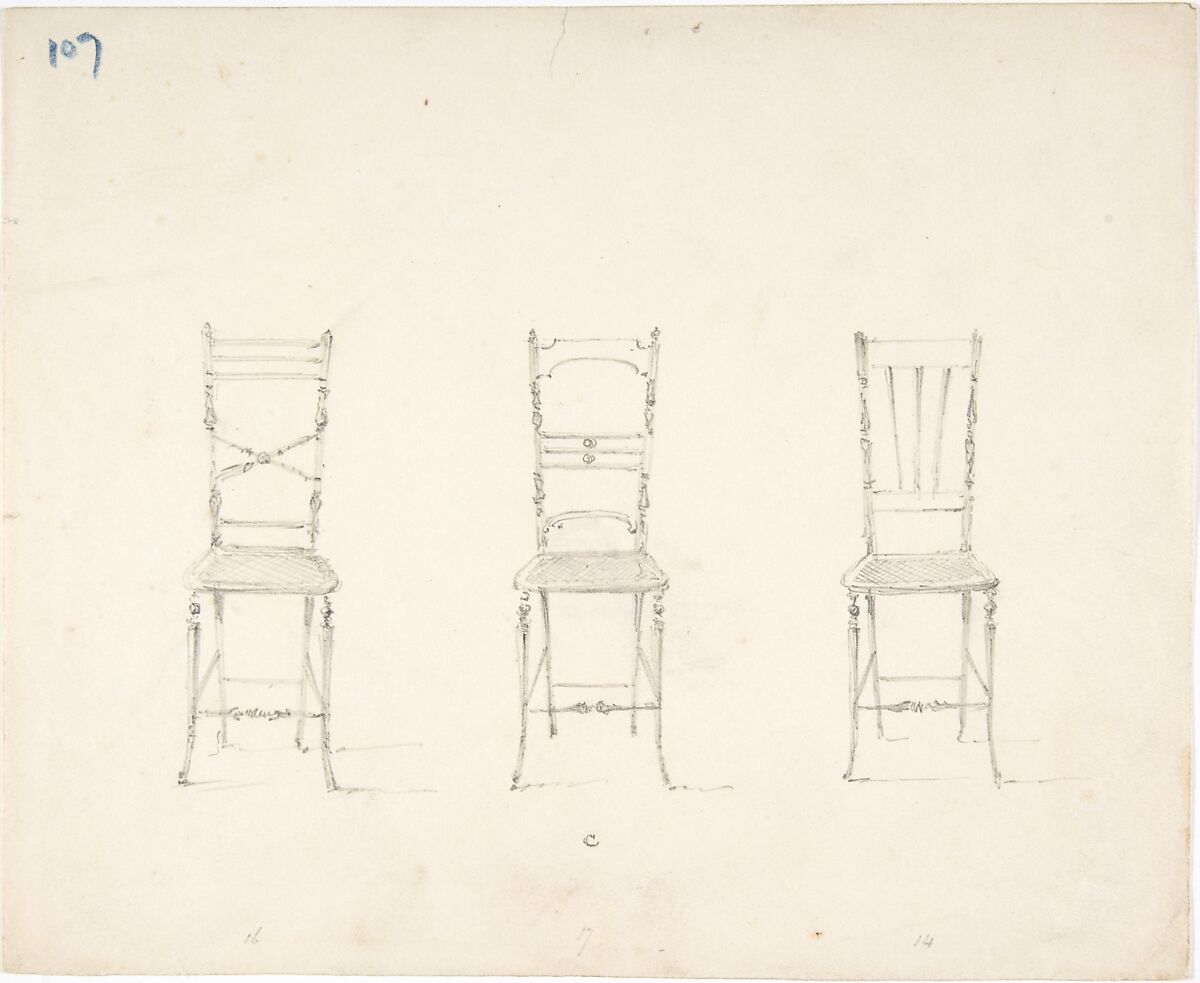 Design for Three Slender Chairs, Anonymous, British, 19th century, Graphite 