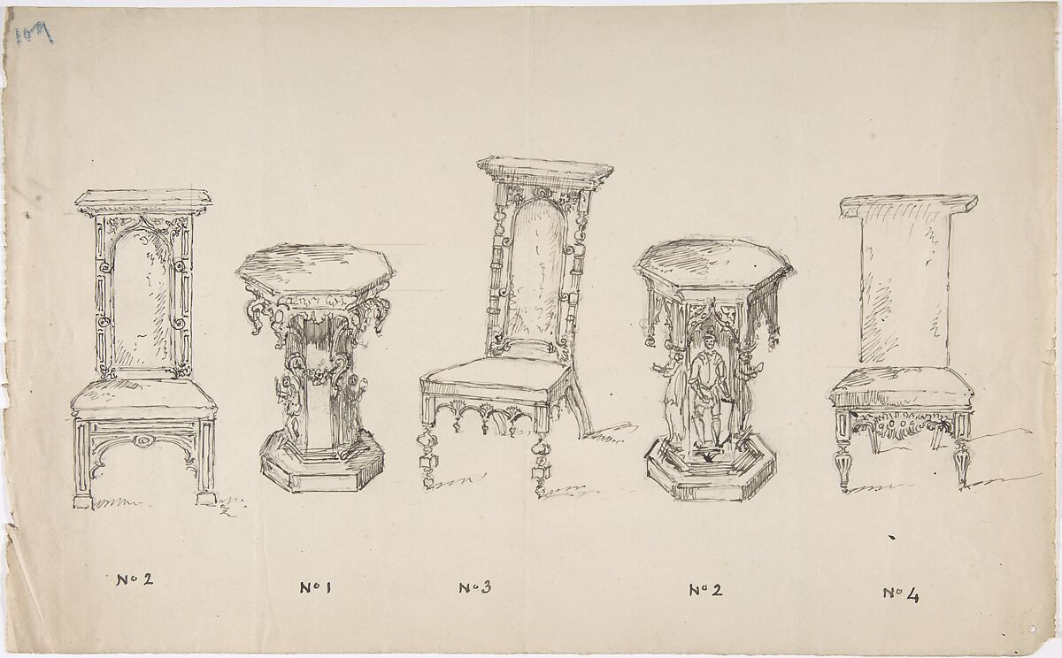 Design for Three Low Chairs and Two Pedestal Tables, Anonymous, British, 19th century, Pen and ink 