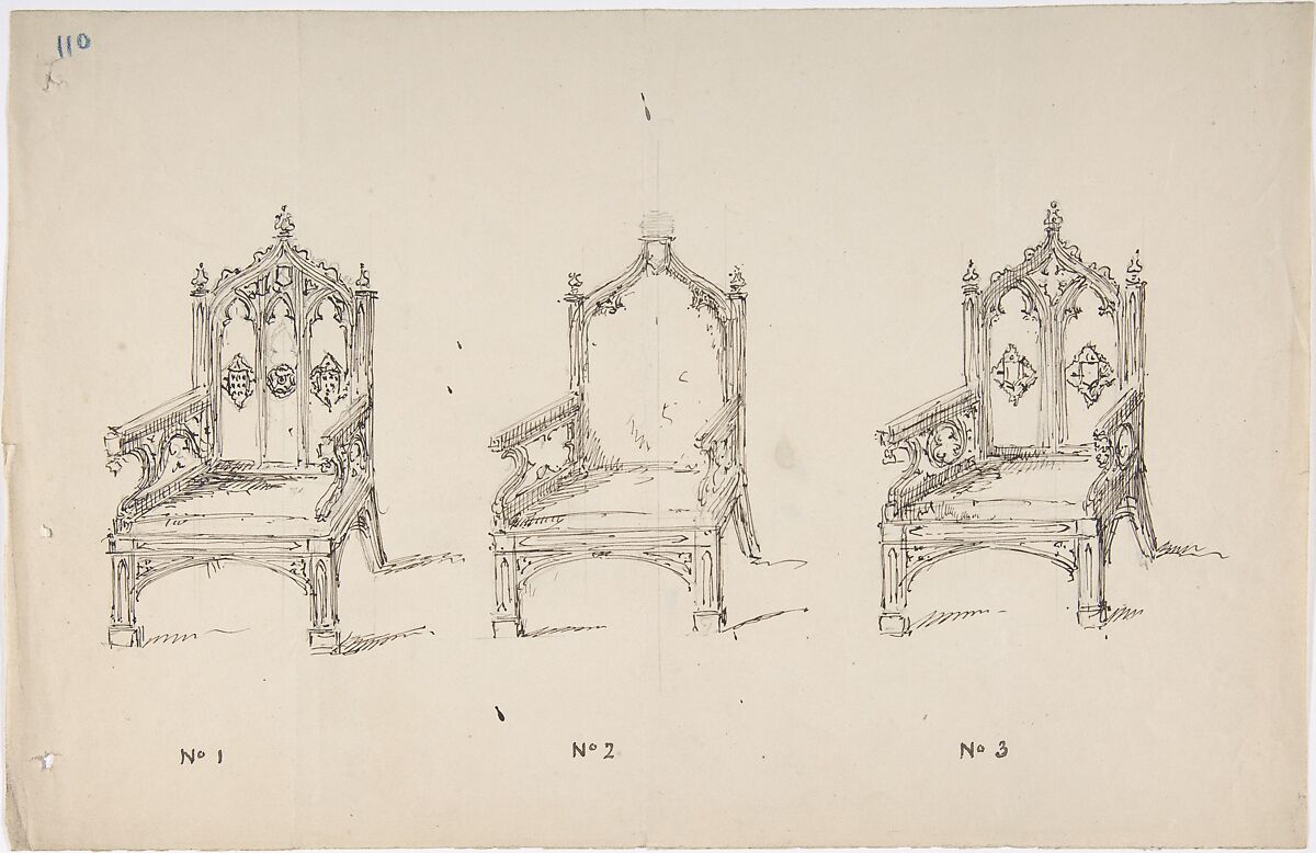 Design for Three Low Gothic Style Arm Chairs, Anonymous, British, 19th century, Pen and ink 
