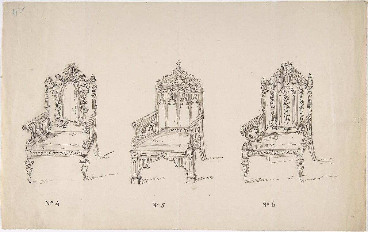 Design for Three Low Gothic or Renaissance Style Arm Chairs, Anonymous, British, 19th century, Pen and ink 