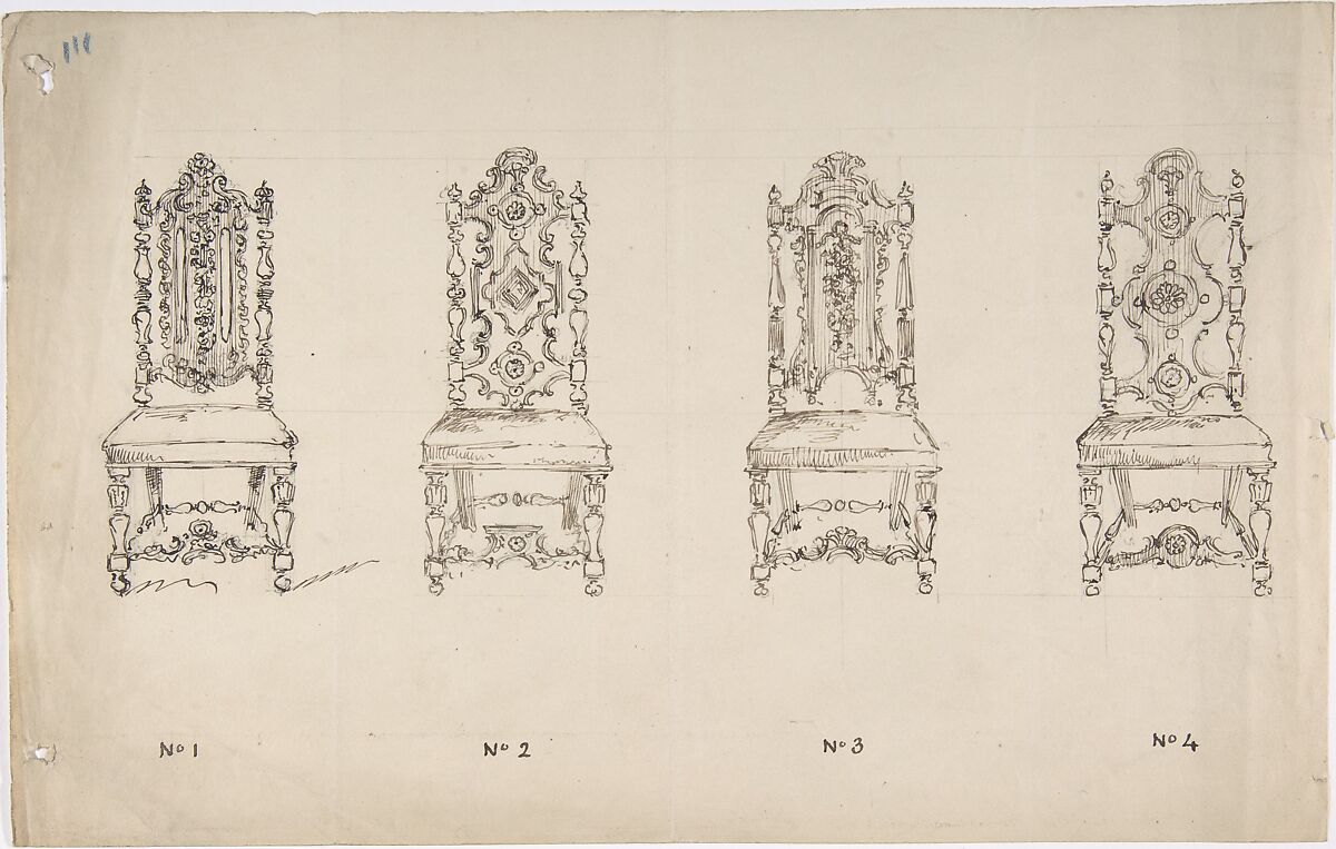 Design for Four Seventeenth Century Style Chairs, Anonymous, British, 19th century, Pen and ink 