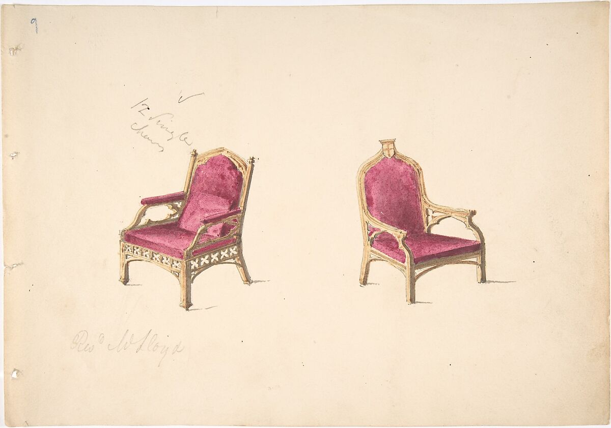 Design for Two Medieval Style Armchairs for "Rev. W. Lloyd", Anonymous, British, 19th century, Pen and ink, watercolor 