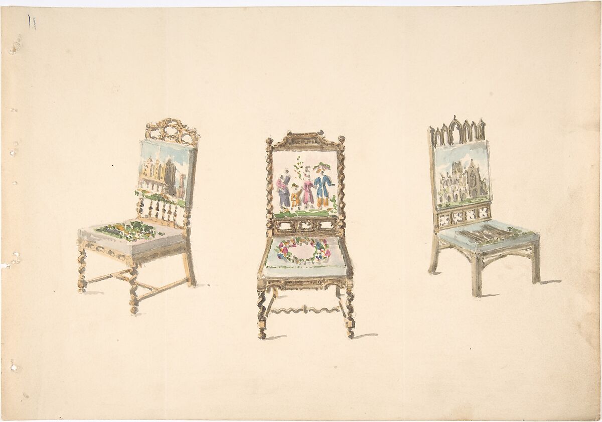 Design for Three Chairs with Pictorial Upholstery, Anonymous, British, 19th century, Pen and ink, brush and wash, watercolor 