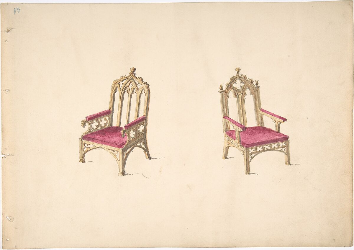 Design for Two Gothic Style Armchairs, Anonymous, British, 19th century, Pen and ink, brush and wash, watercolor 