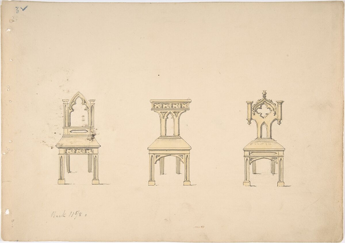 Design for Three Gothic Style Wooden Chairs, Anonymous, British, 19th century, Pen and ink, brush and yellow wash or watercolor 