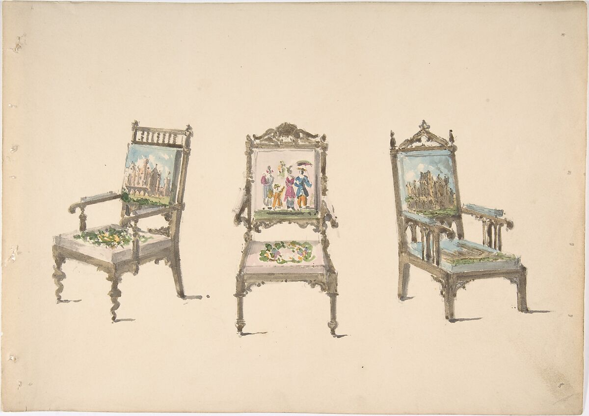 Design for Three Armchairs with Pictorial Upholstery, Anonymous, British, 19th century, Pen and ink, brush and wash, watercolor 