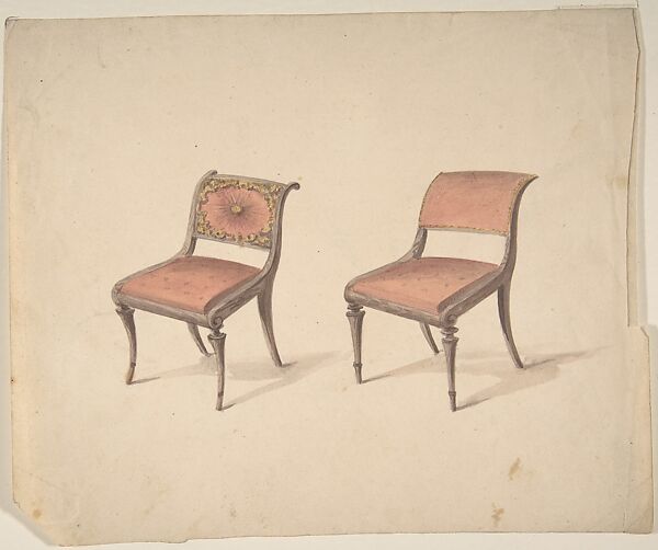 Design for Two Chairs, Attributed to Gillows (British, 19th century), Pen and ink, brush and wash, watercolor 