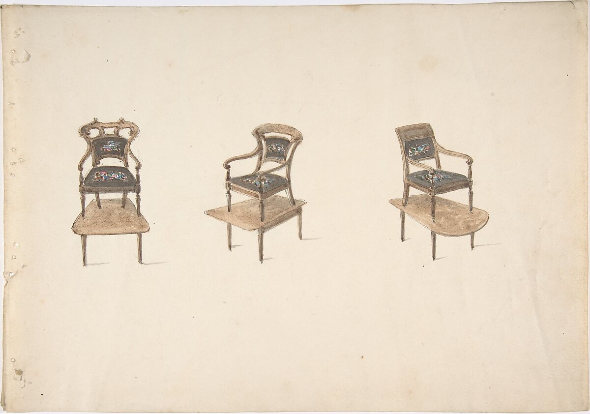 Design for Three Small Elevated Armchairs, Anonymous, British, 19th century, Pen and ink, brush and wash, watercolor 