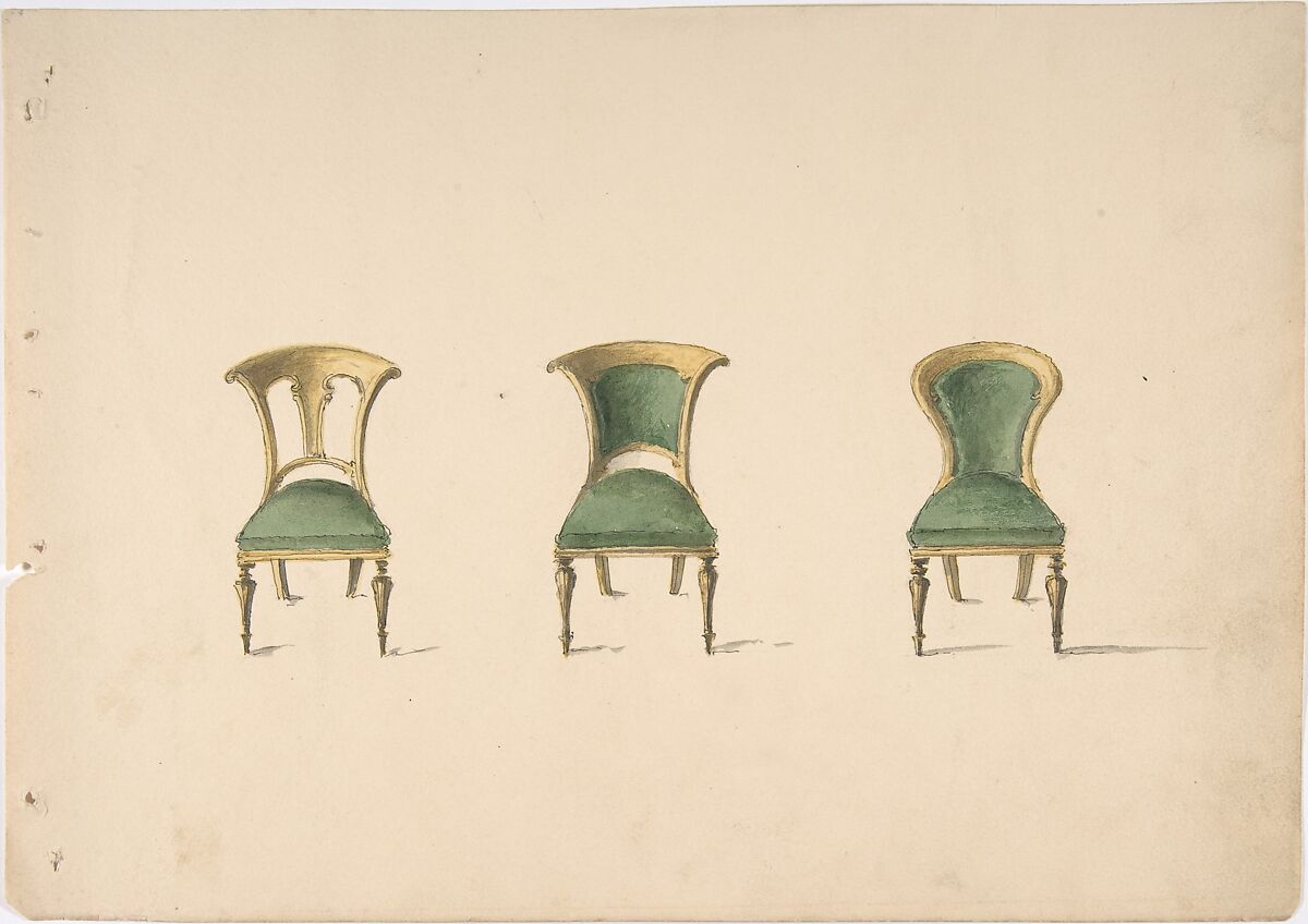 Design for Three Chairs with Green Upholstery, Anonymous, British, 19th century, Pen and ink, brush and wash, watercolor 