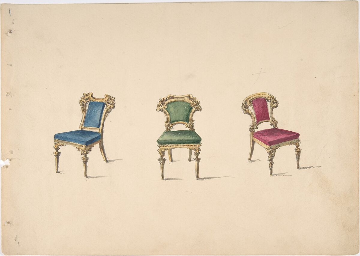 Design for Three Chairs with Blue, Green and Red Upholstery, Anonymous, British, 19th century, Pen and ink, brush and wash, watercolor 