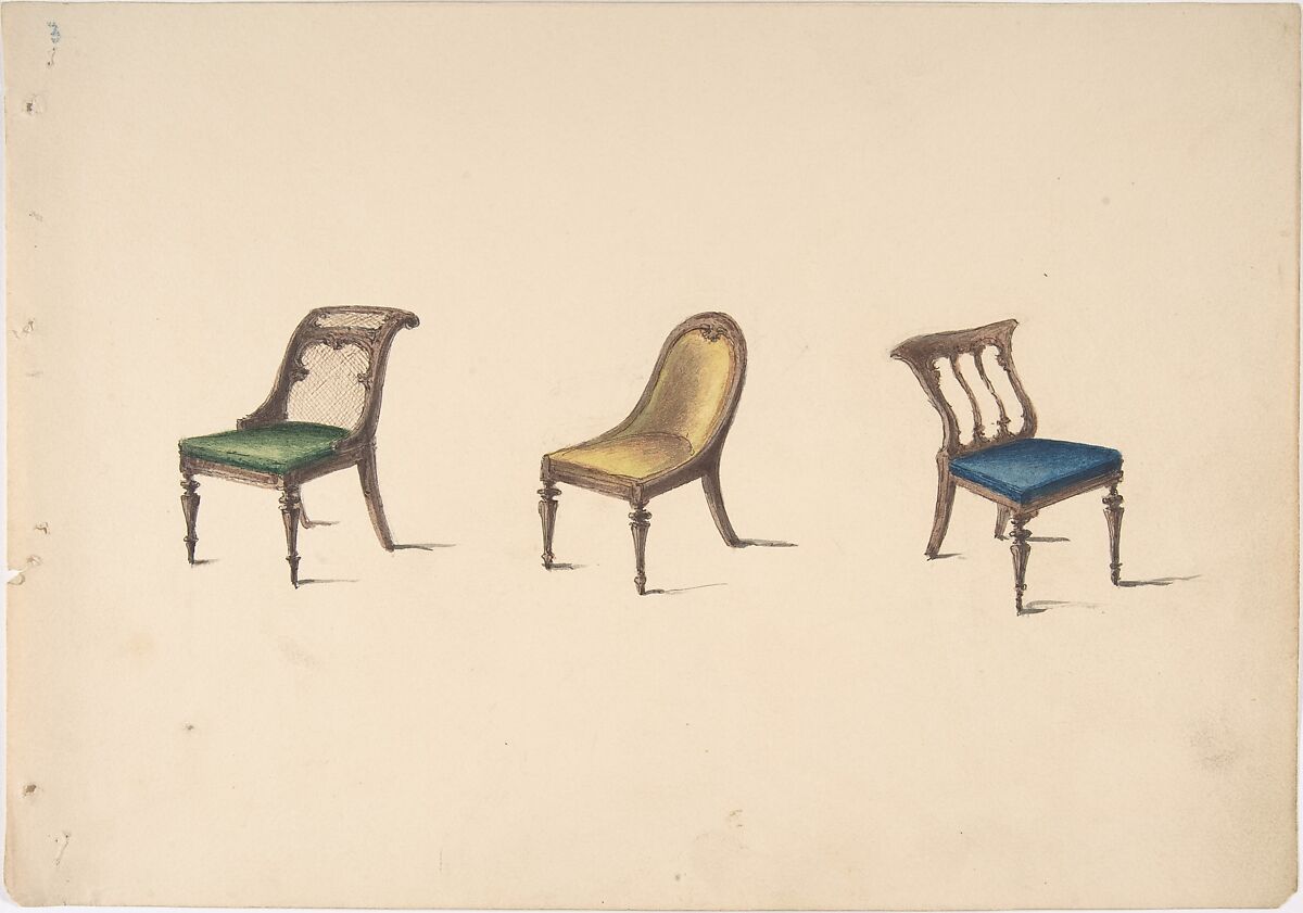 Design for Three Chairs with Slanted Backs, Green, Yellow and Blue Upholstery, Anonymous, British, 19th century, Pen and ink, brush and wash, watercolor 