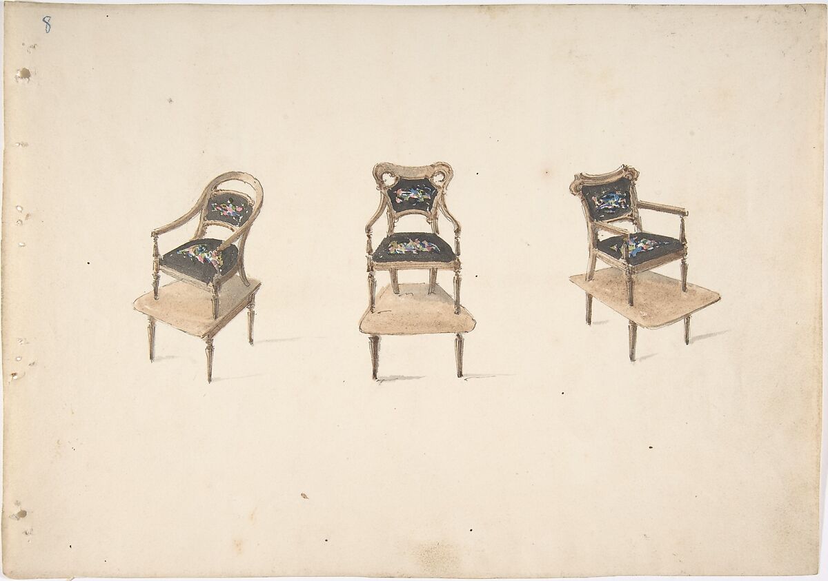 Design for Three Small Elevated Armchairs, Anonymous, British, 19th century, Pen and ink, brush and wash, watercolor 