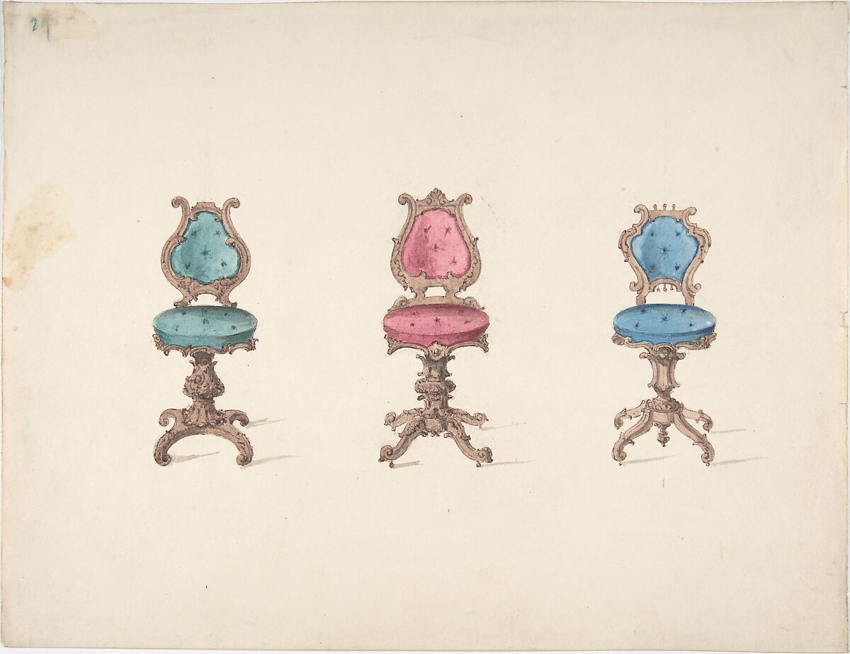 Design for Three Swivel Chairs with Green, Red and Blue Upholstery, Anonymous, British, 19th century, Pen and ink, brush and wash, watercolor 