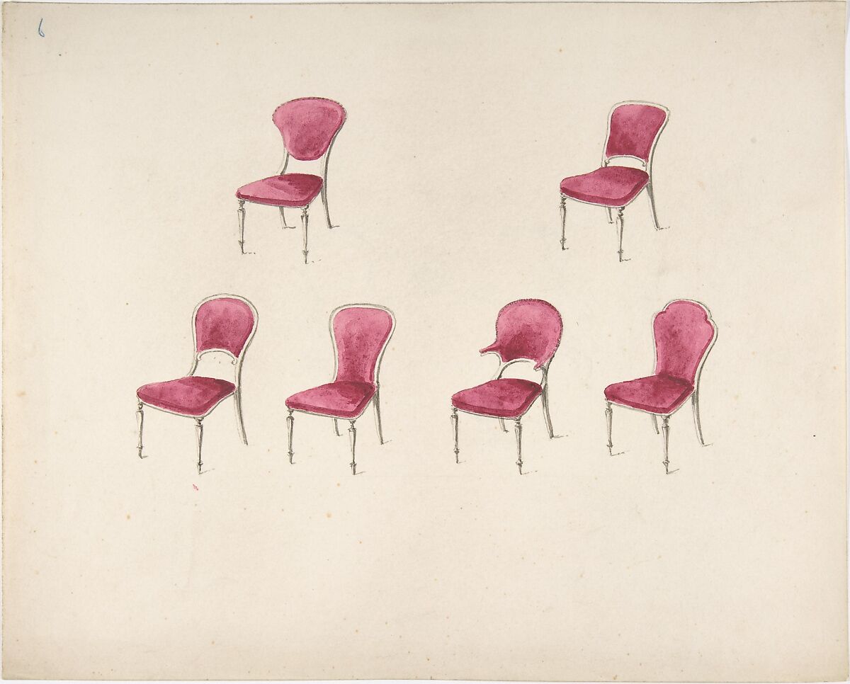 Design for Six Chairs with Scarlet Upholstery (verso: Sketch for Sofa), Anonymous, British, 19th century, Recto: pen and ink, brush and wash, watercolor
Verso: graphite 