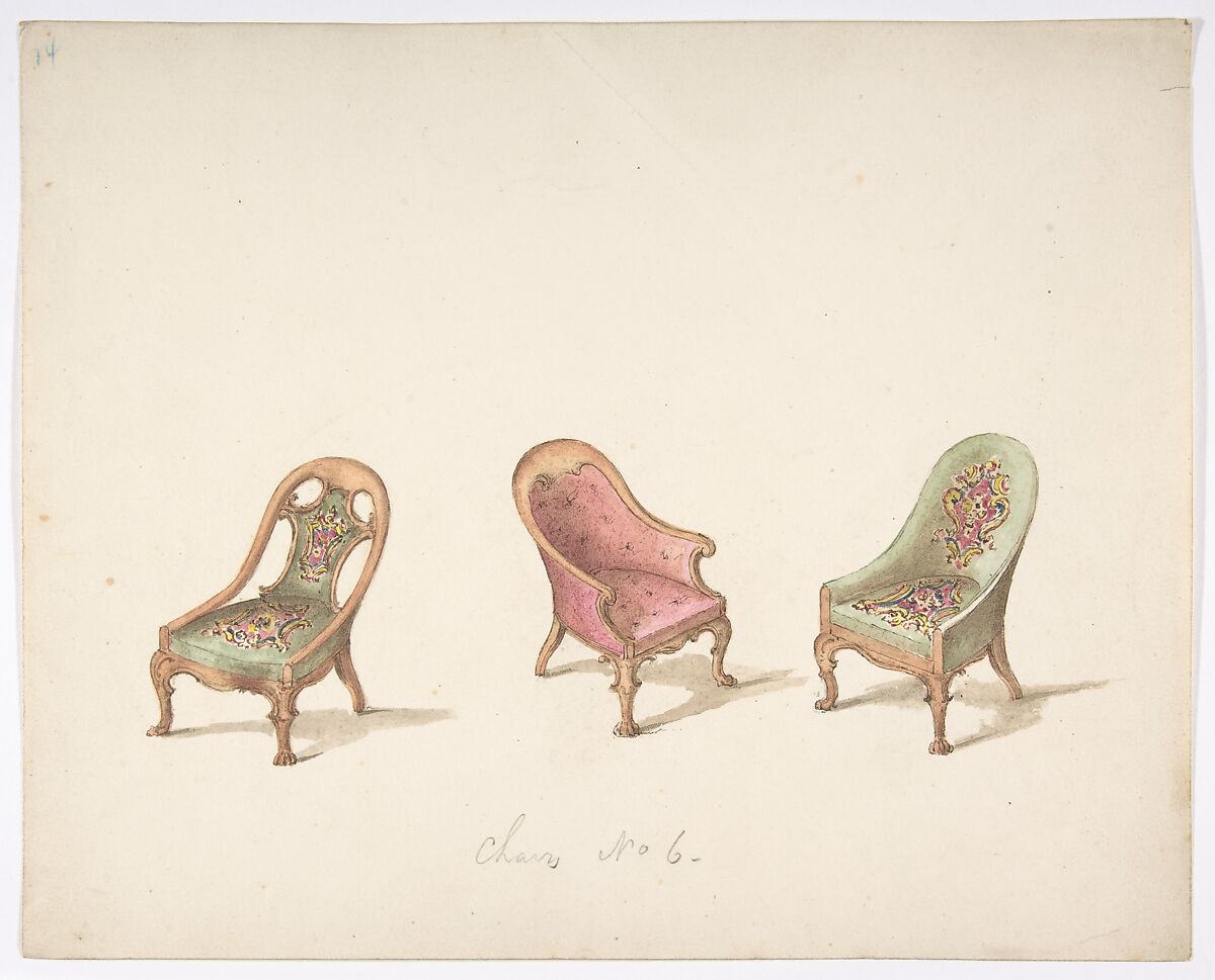 Design for Three Tub Chairs, Anonymous, British, 19th century, Pen and ink, brush and wash, watercolor 