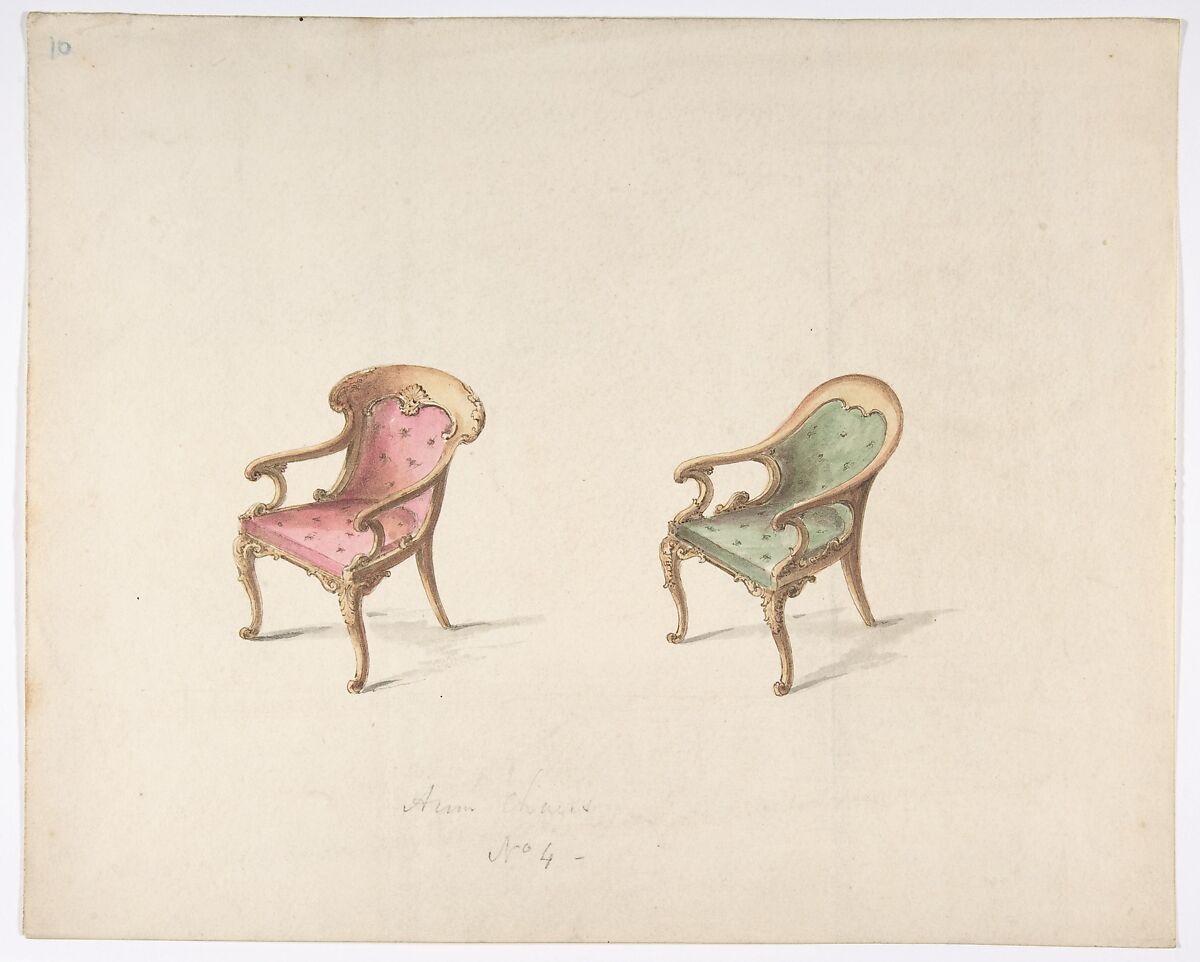 Design for Two Armchairs with Red and Green Upholstery, Anonymous, British, 19th century, Pen and ink, brush and wash, watercolor 