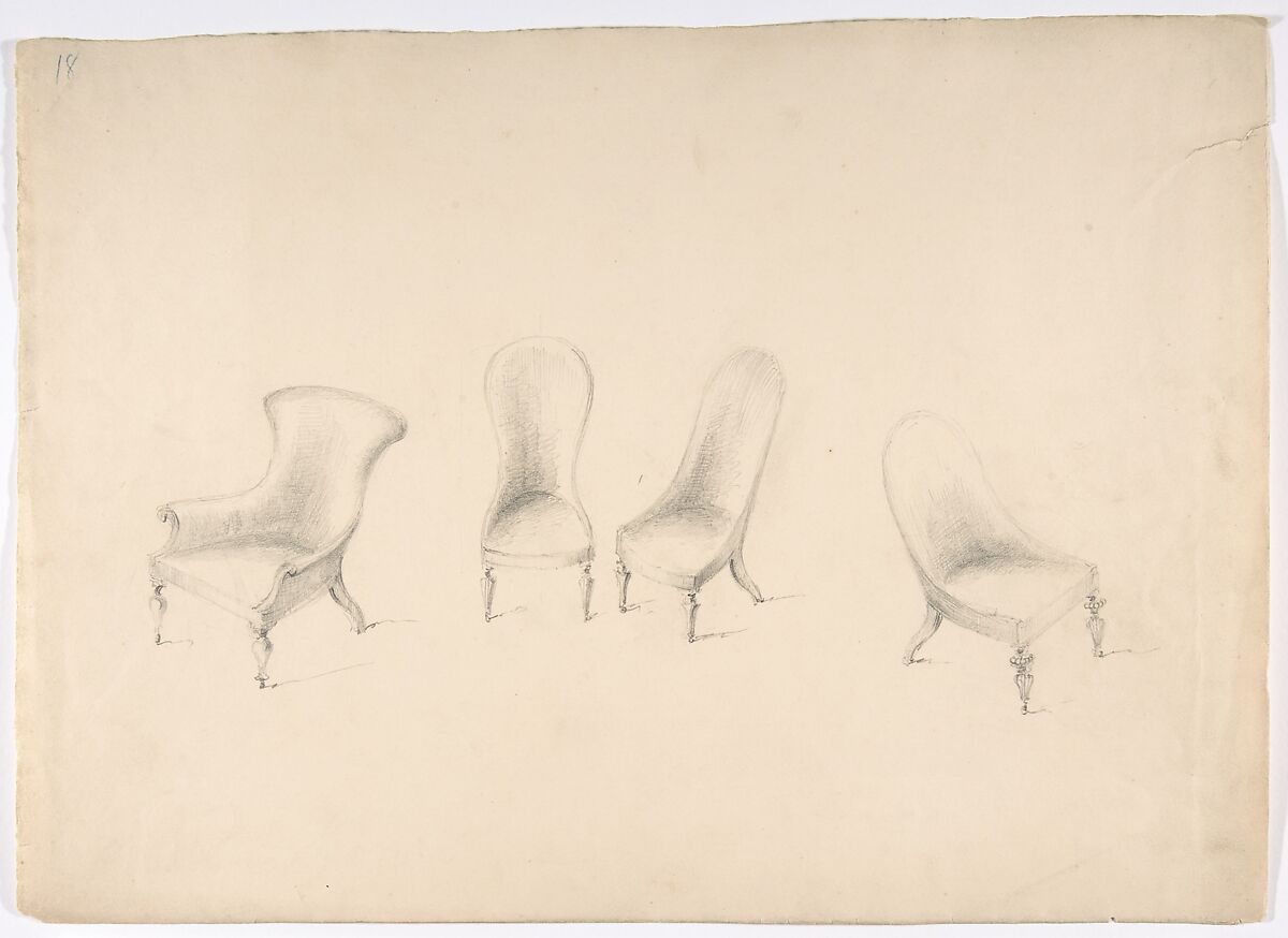 Design for Four Uphostered Chairs on Casters, One with Arms, Anonymous, British, 19th century, Graphite 
