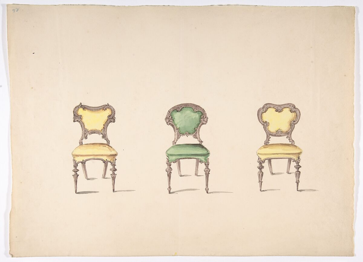 Design for Three Chairs Upholstered in Green and Yellow, Anonymous, British, 19th century, Pen and ink, brush and wash, watercolor 