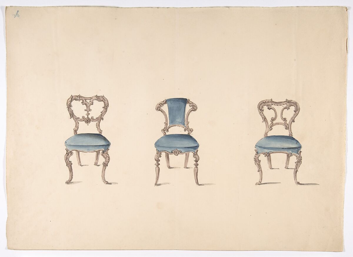 Design for Three Chairs Upholstered in Blue, Anonymous, British, 19th century, Pen and ink, brush and wash, watercolor 