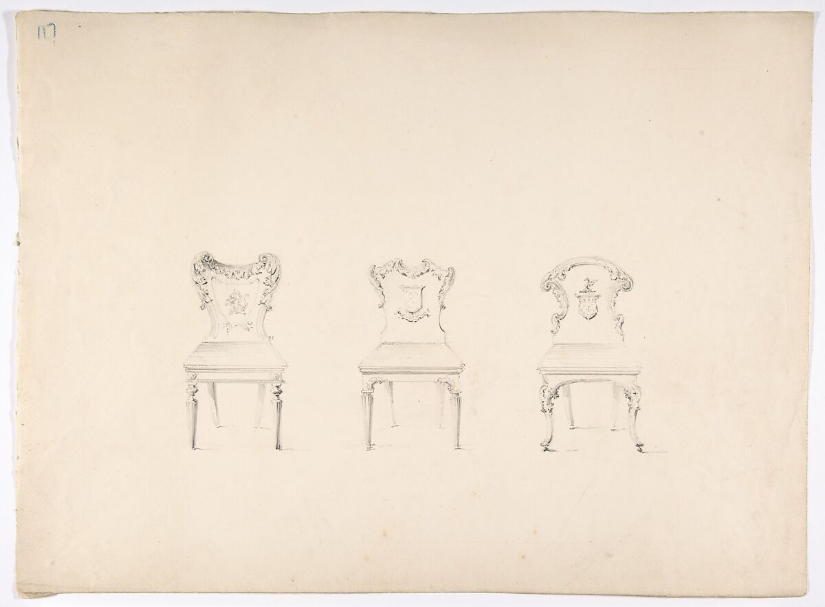 Design for Three Chairs with Armorial Ornament on Backs, Anonymous, British, 19th century, Graphite 