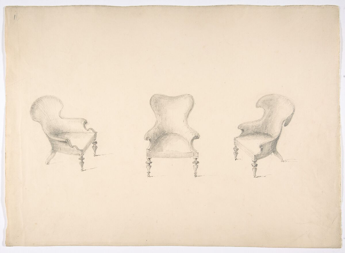 Design for Three Low Uphostered Arm Chairs, Anonymous, British, 19th century, Graphite