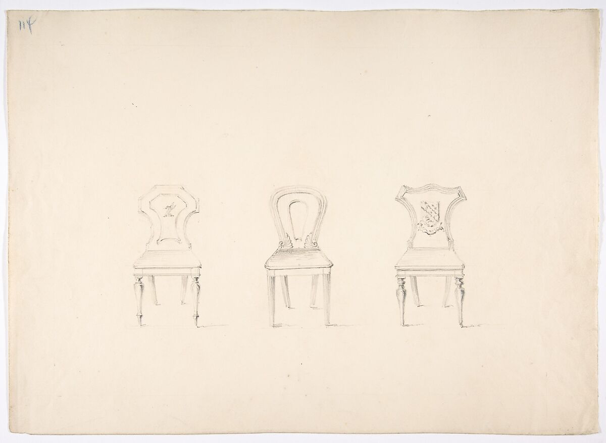 Design for Three Chairs, Two with Armorial Ornament on Backs, Anonymous, British, 19th century, Graphite 