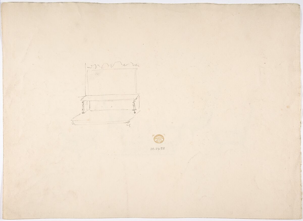 Design for a Suite of Furniture, A Double-sided Sofa, Two Chairs and Two Armchairs (Verso: sketch for shelves and a mirror), Anonymous, British, 19th century, Graphite