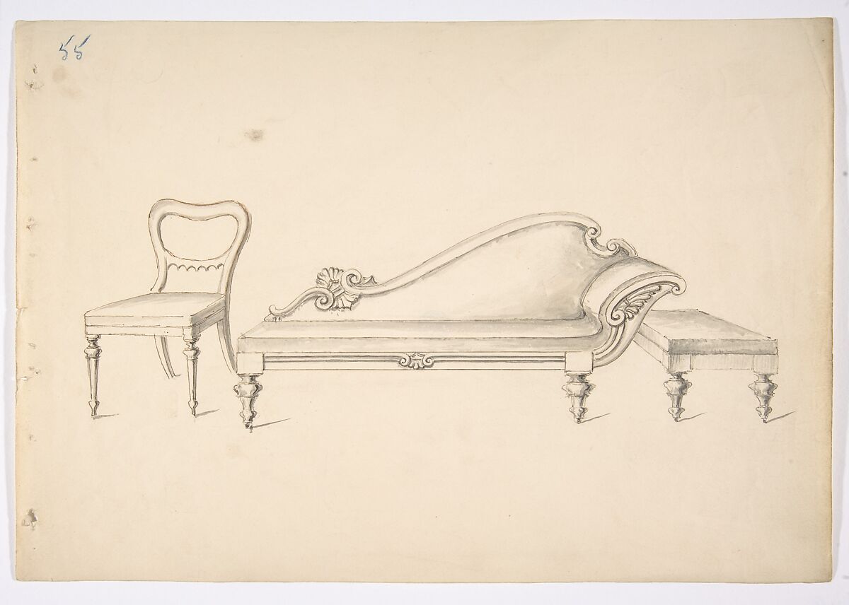 Design for a Sofa with One WIng-like Arm, Chair and Stool, Anonymous, British, 19th century, Graphite 