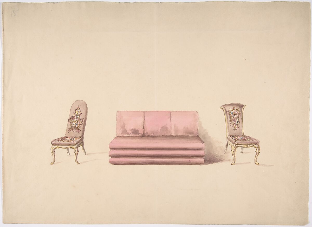 Design for a Pink Sofa and Two Mauve Chairs, Anonymous, British, 19th century, Pen and ink, brush and wash, watercolor 