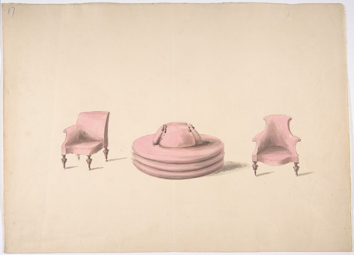Design for a Round Pink Sofa and an Armchair and a One-armed Chair, Anonymous, British, 19th century, Pen and ink, brush and wash, watercolor 