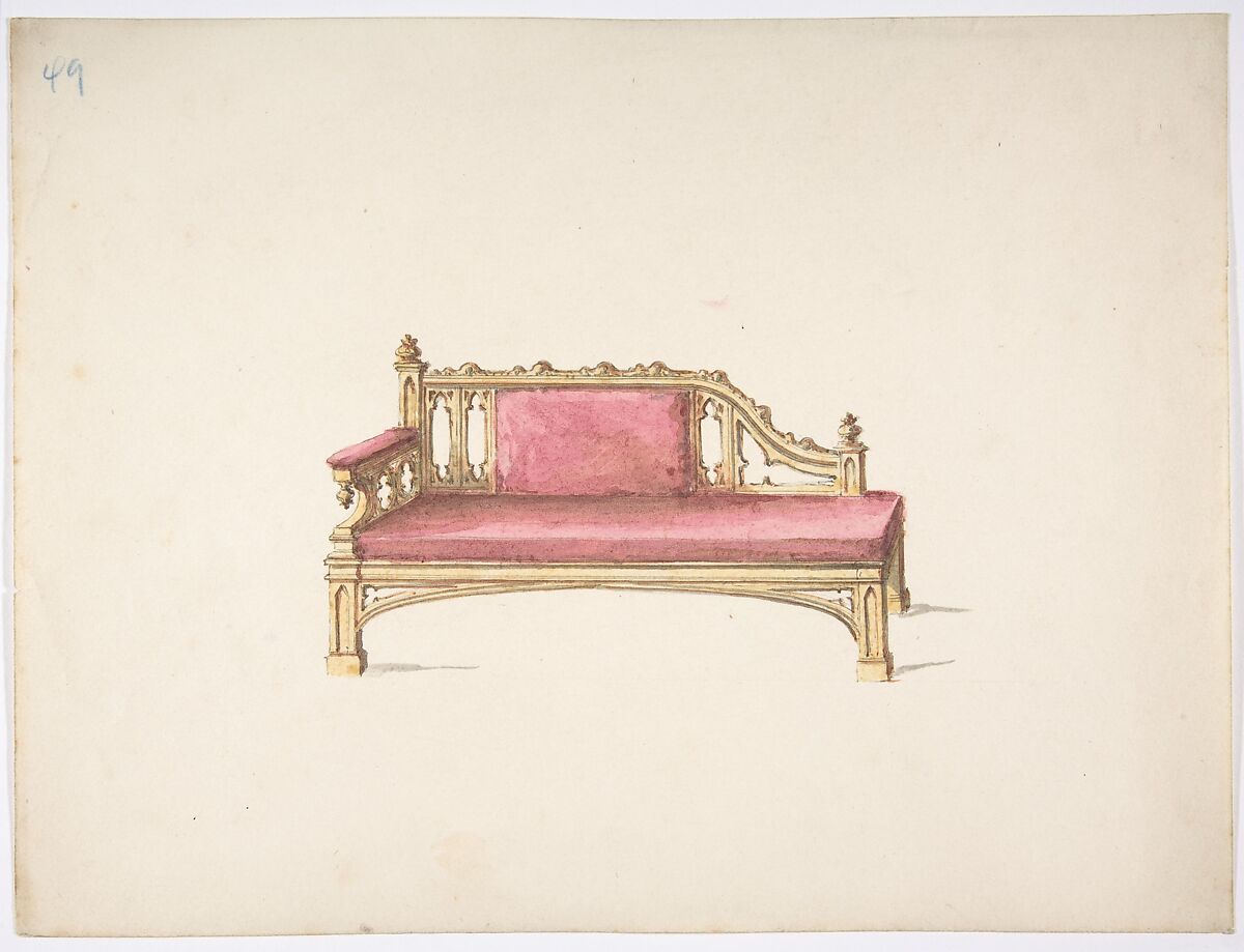 Design for a Gothic Style Sofa Upholstered in Red, Anonymous, British, 19th century, Pen and ink, brush and wash, watercolor 