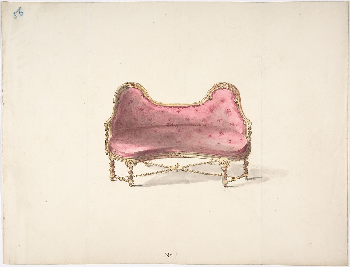 Design for a Double Hump-backed Sofa with Turned Legs and Arms, with Red Tufted Upholstery, Anonymous, British, 19th century, Pen and ink, brush and wash, watercolor 