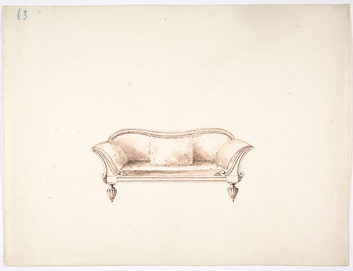 Design for a Sofa with Wing-like Arms, Anonymous, British, 19th century, Pen and ink, brush and wash 