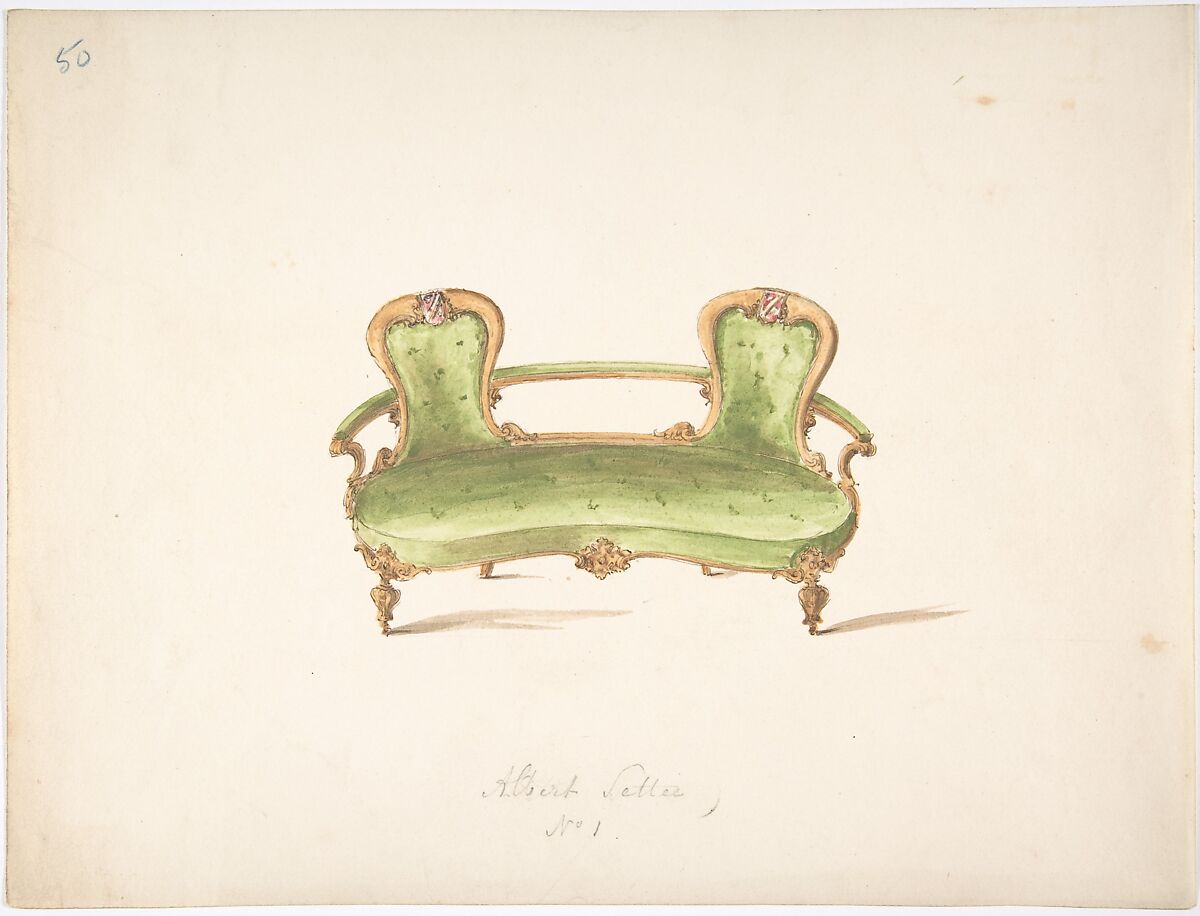 Design for Albert Settee, Anonymous, British, 19th century, Pen and ink, brush and wash, watercolor 