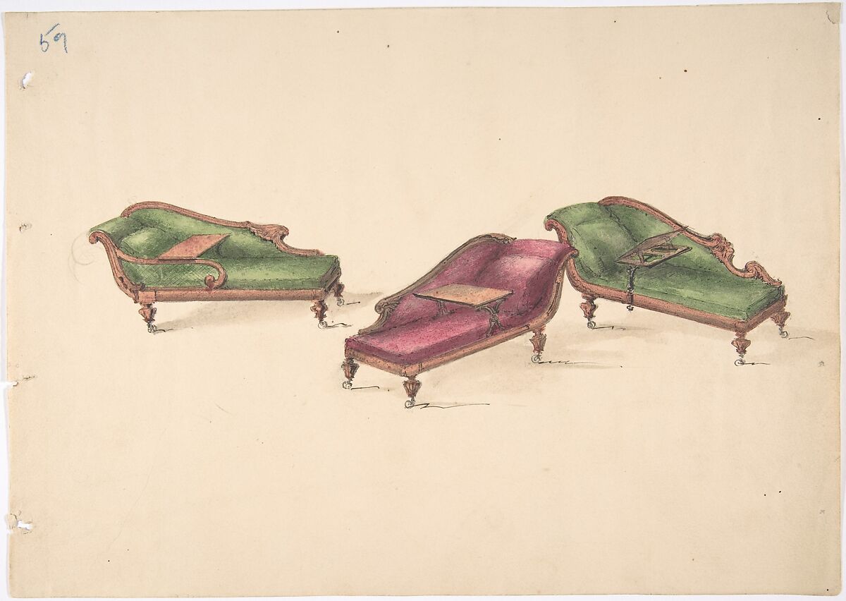 Design for Three Reclined Reading Sofas with Trays, on Casters, Upholstered in Green and Red, Anonymous, British, 19th century, Pen and ink, brush and wash, watercolor 