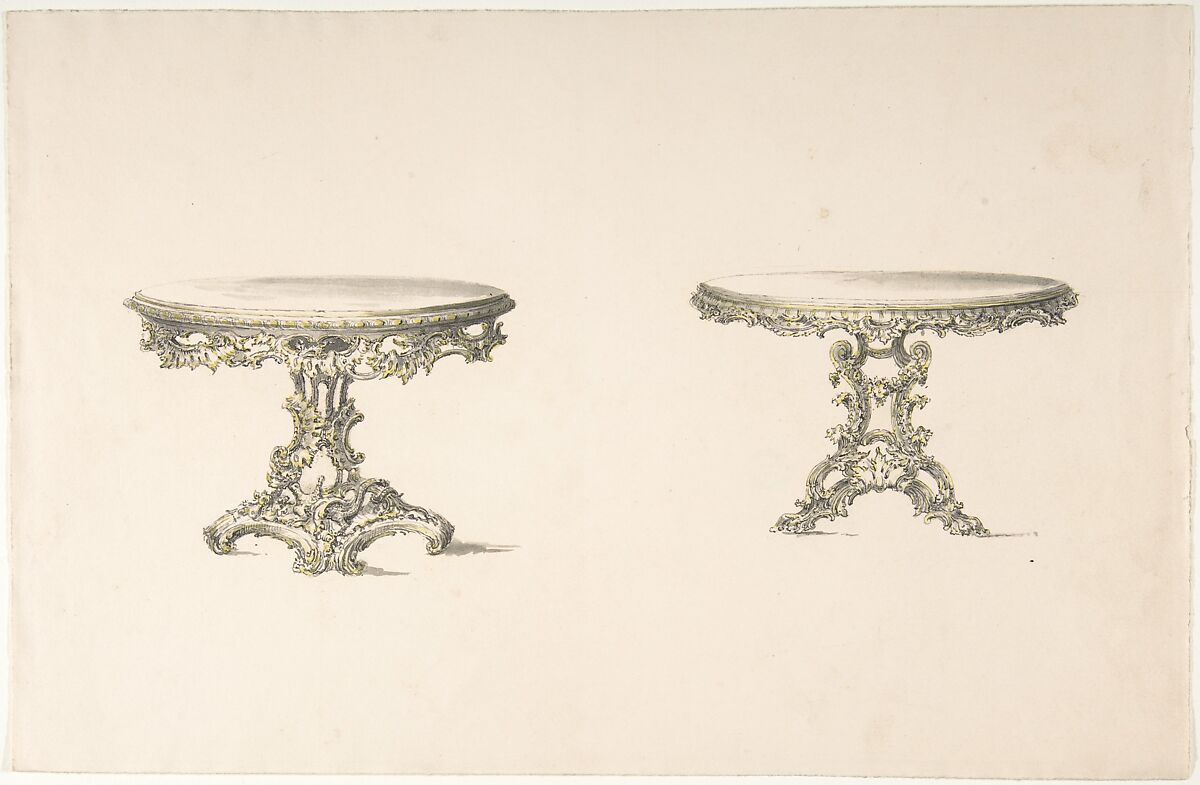 Design for Two Round Tables with Foliate Rococo Style Carving, Anonymous, British, 19th century, Pen and ink, brush and yellow wash or watercolor 