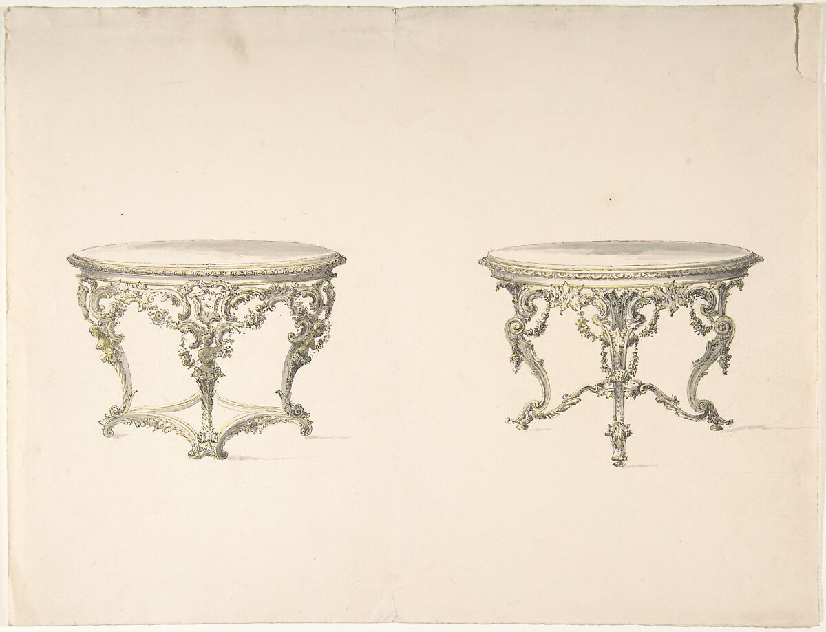 Design for Two Round Tables with Foliate Rococo Style Carving, Anonymous, British, 19th century, Pen and gray ink, brush and yellow wash or watercolor 
